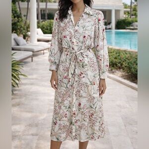 Johanna Ortiz x H&M Floral Linen Midi Shirt Dress Belted Long Sleeve Sz S